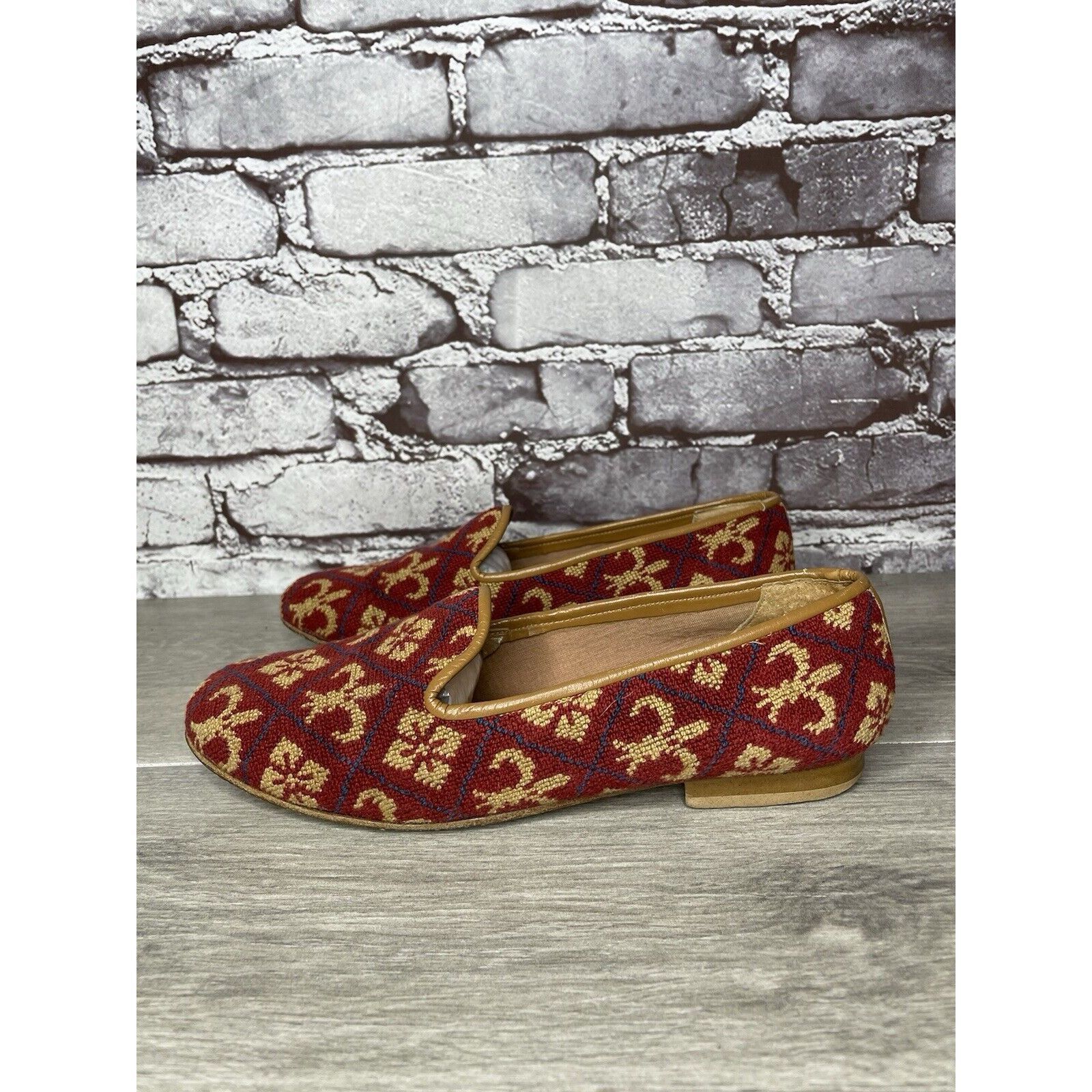 Other Zalo Red Fabric Gold Pattern Slip On Needle Loafers Shoes Wo Size US 7.5 / IT 37.5 - 1 Thumbnail