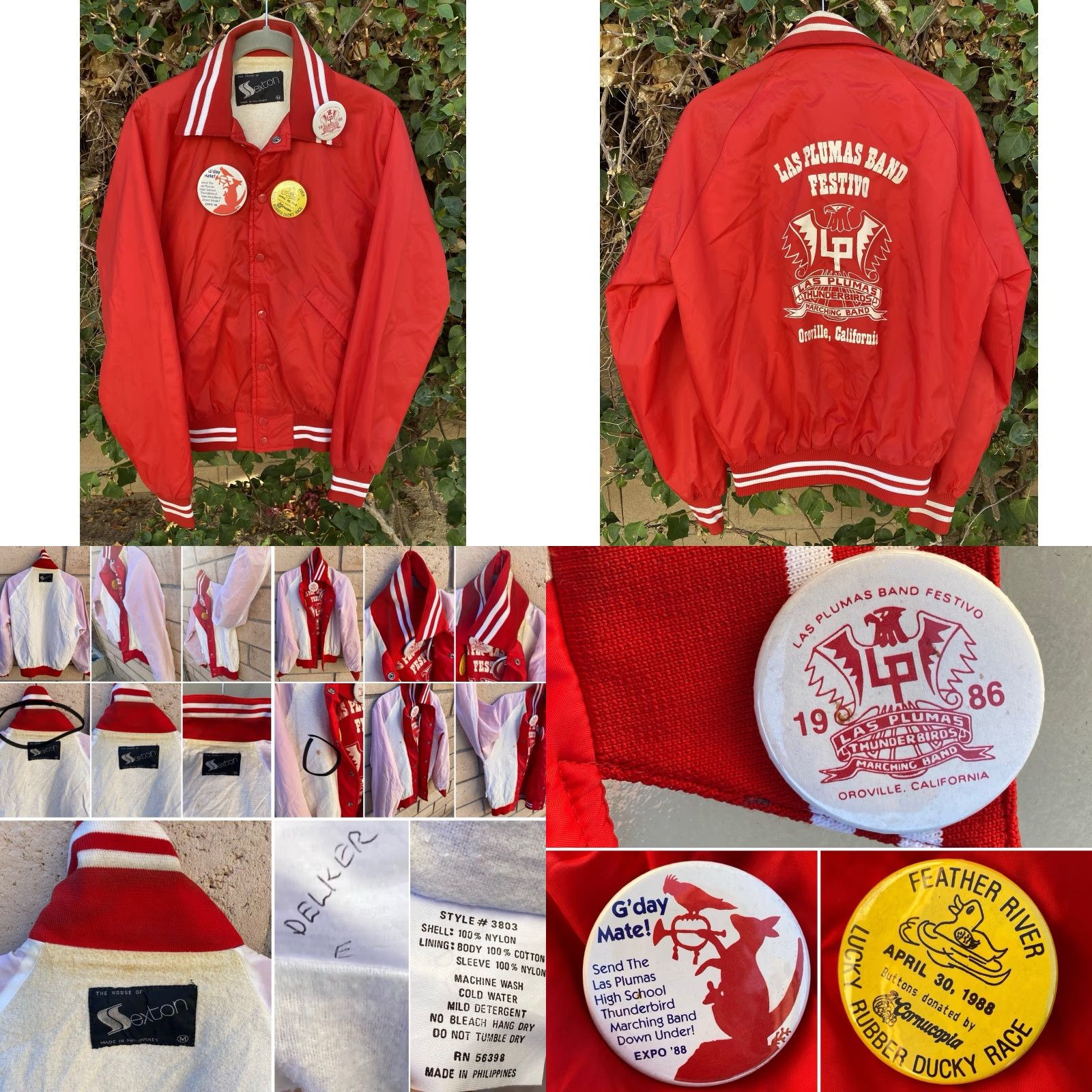 Vintage VINTAGE Sexton Las Plumas Band Jacket M Red 1980s Thunderbirds Oroville CA Pins Mens Bomber Jacket Size US M / EU 48-50 / 2 - 8 Thumbnail