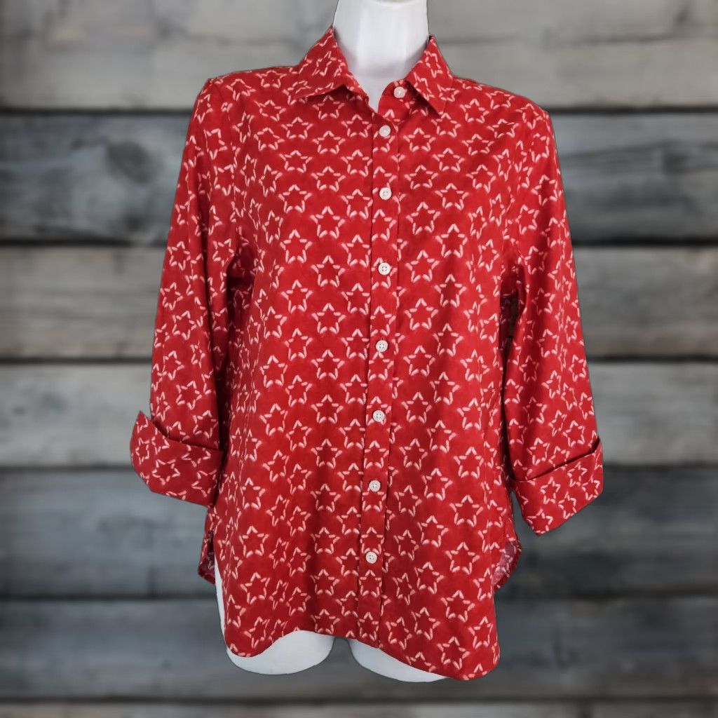 Vintage Chico's Womens Button-Up Top Size Small Red White Star Print Cotton Blend Shirt Adult Small Red White Stars Size S / US 4 / IT 40 - 1 Thumbnail