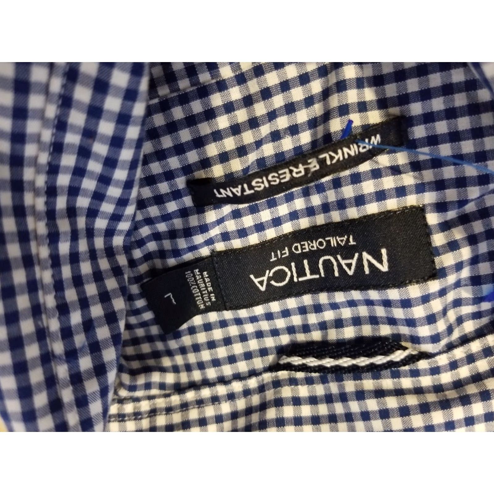 Nautica Nautica Mens Dress Shirt L Large Navy Blue Button Cotton Plaid Size 42R - 4 Thumbnail