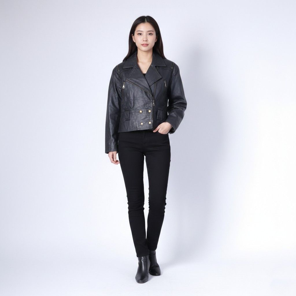 Vintage Miss Joy Women 38 M Jacket Black Leather Biker 0978 Size M / US 6-8 / IT 42-44 - 1 Thumbnail