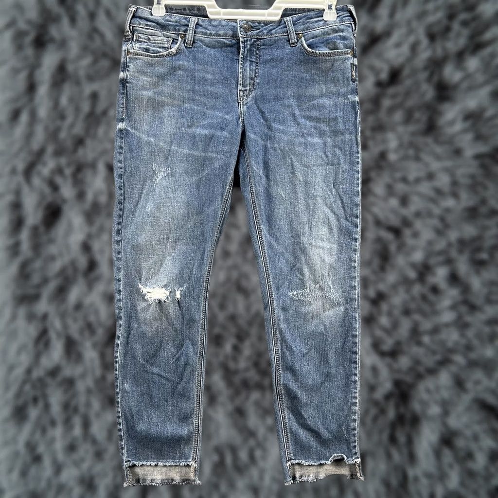 Silver Jeans Co. Silver Jeans Co. Calley Ankle Skinny Jeans Womens 34 Blue Distressed Raw Hem Denim Cotton Elastane Mid Wash Embroidered Pockets 5 Pocket Zip Size 24" / US 00 / IT 34 - 1 Thumbnail