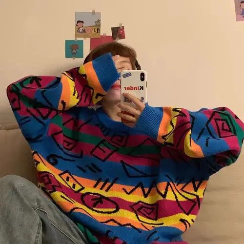 Vintage Korean style loose rainbow striped knitted sweater Size M / US 6-8 / IT 42-44 - 3 Thumbnail