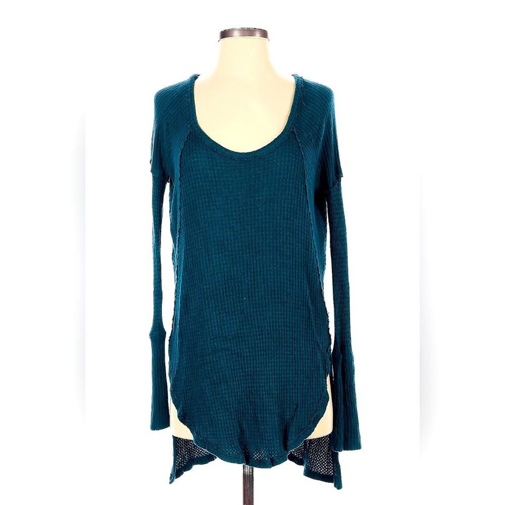 Designer Cozy Long Sleeve Waffle Knit Top - Teal Size XS / US 0-2 / IT 36-38 - 2 Thumbnail