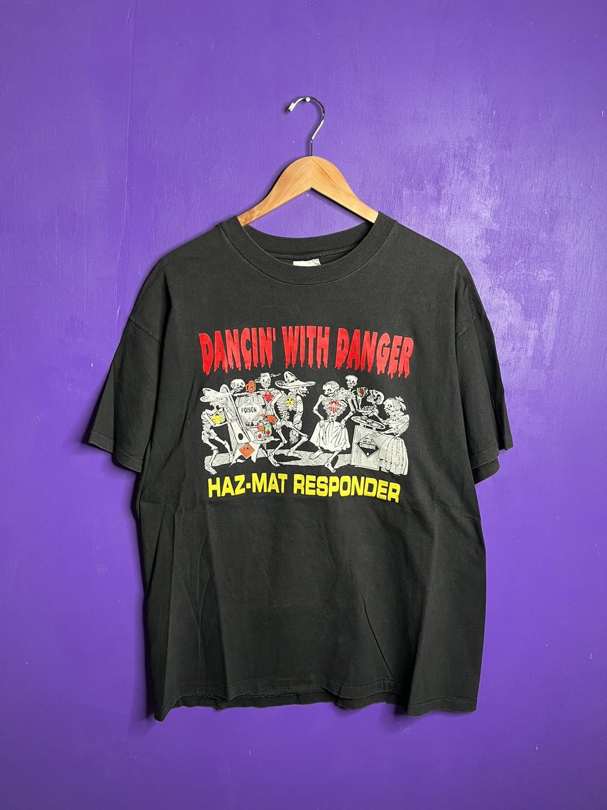 image of Made In USA x Vintage 90's Hazmat Responder Dancin With Danger T-Shirt in Black, Men's (Size XL)