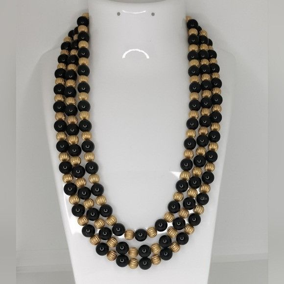 Vintage Cato Black Gold Multi Strand Necklace 3 Tiered Layered Jewel Size ONE SIZE - 1 Thumbnail