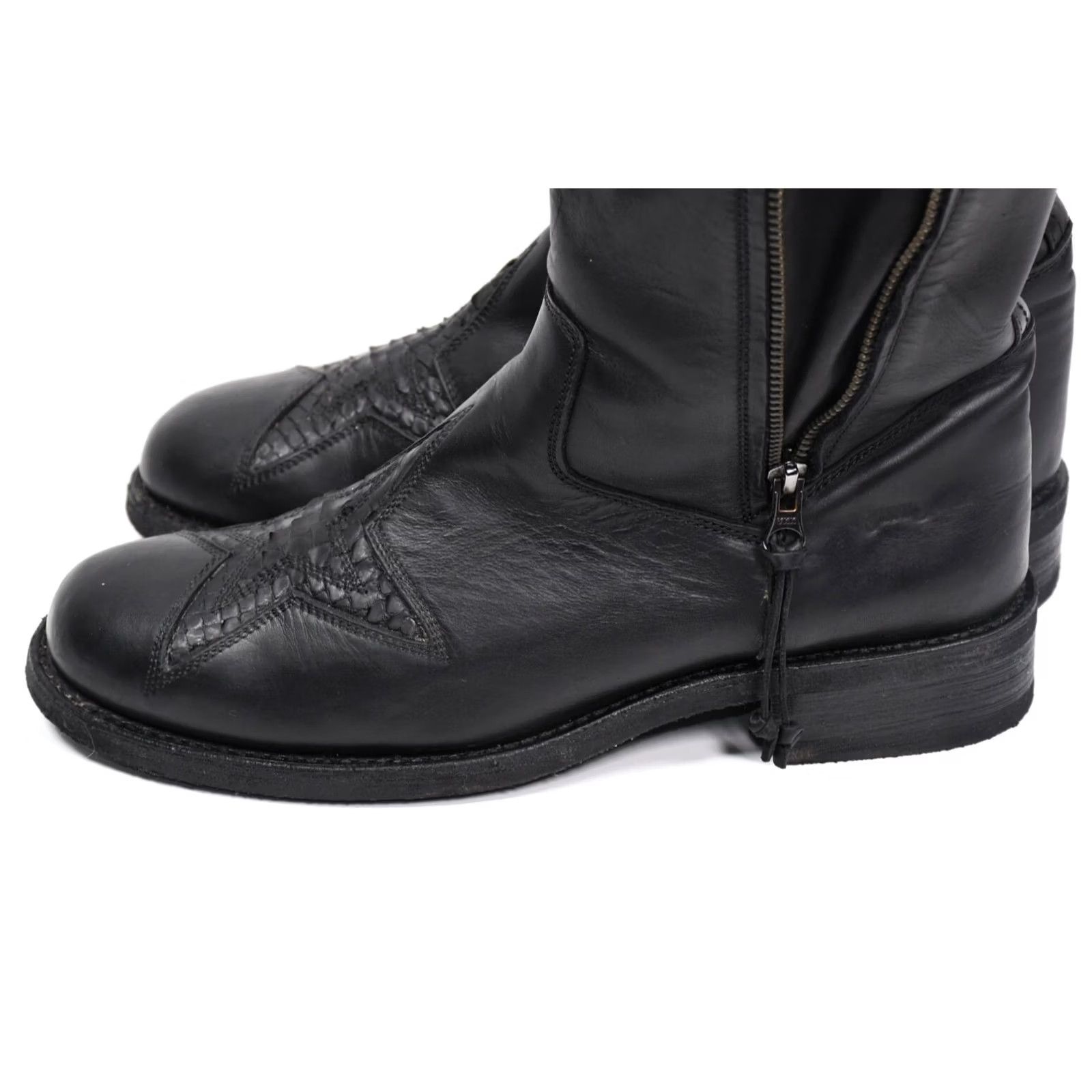 Skin Sancho Boots Women's Black Biker Leather Mid-Calf Size 39 US 8.5 Low Heel Snake Skin Pattern? Size US 9 / IT 39 - 7 Thumbnail