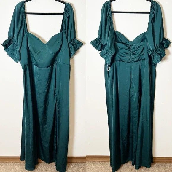 Other Emerald Green Satin Maxi Dress Puff Sleeves Size XL / US 12-14 / IT 48-50 - 1 Thumbnail