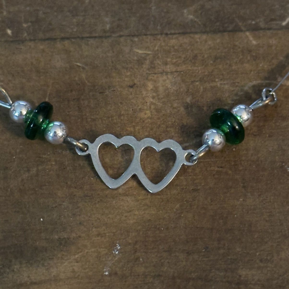 Vintage Vintage bar link station green bead double heart necklace Size ONE SIZE - 3 Thumbnail