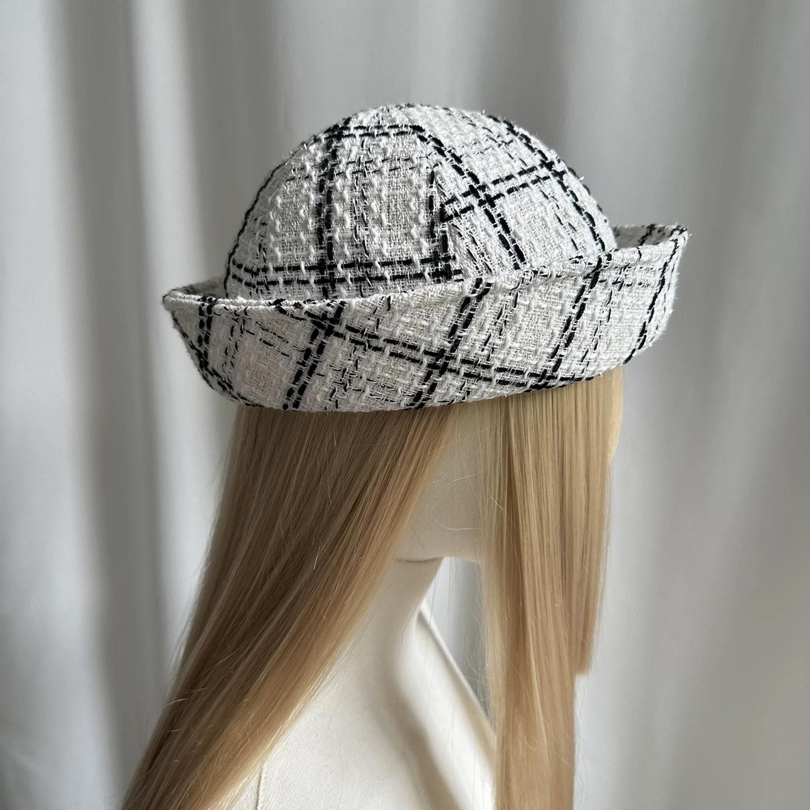 Japanese Brand Black & White Plaid Tweed Beret Sailor Hat Y2K French Girl Size ONE SIZE - 4 Thumbnail
