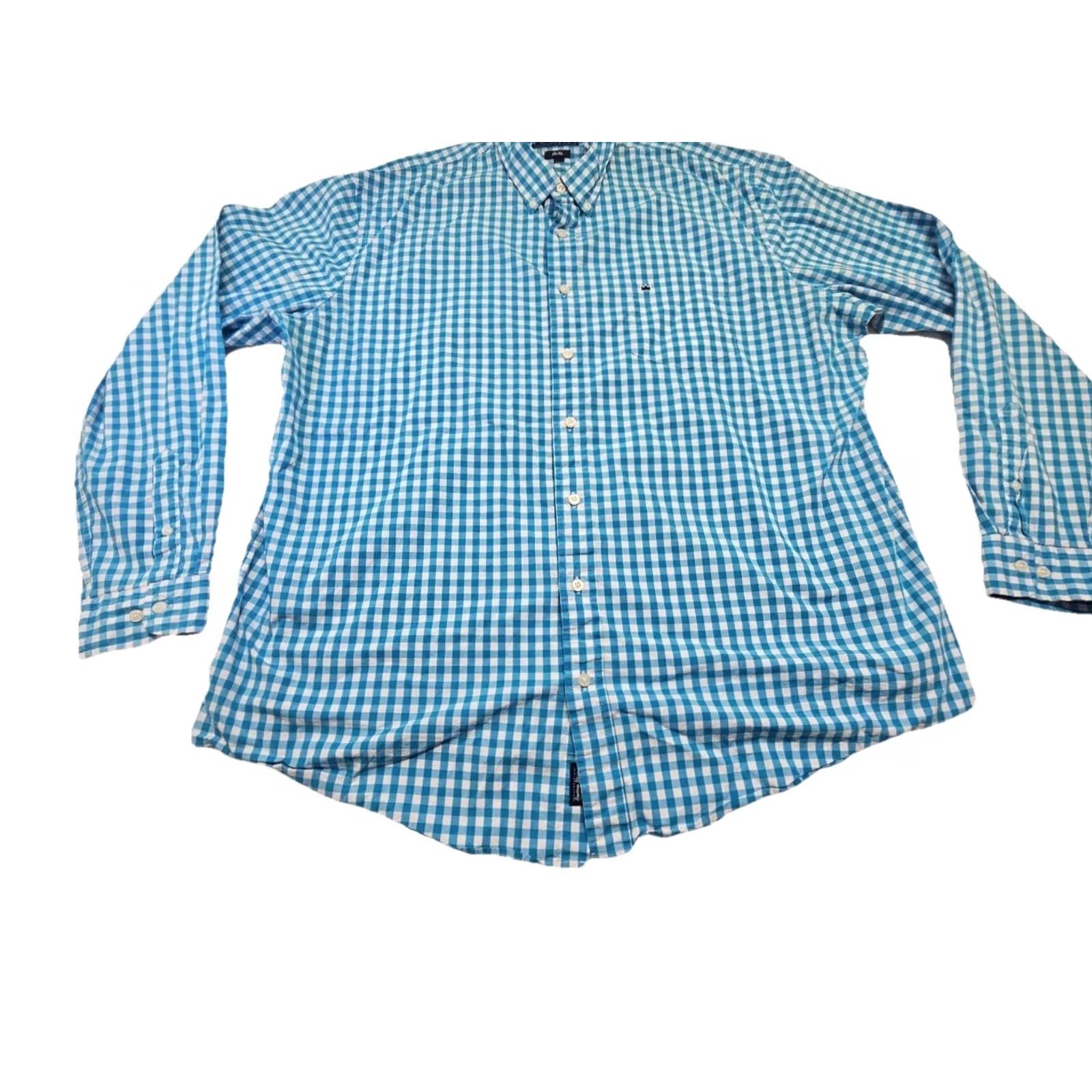 Vintage Crown And Ivy Button-Down Shirt 2XLT Long Sleeve Turquoise White Check Plaid Big & Tall Men’s Shirt Size US XXL / EU 58 / 5 - 5 Thumbnail