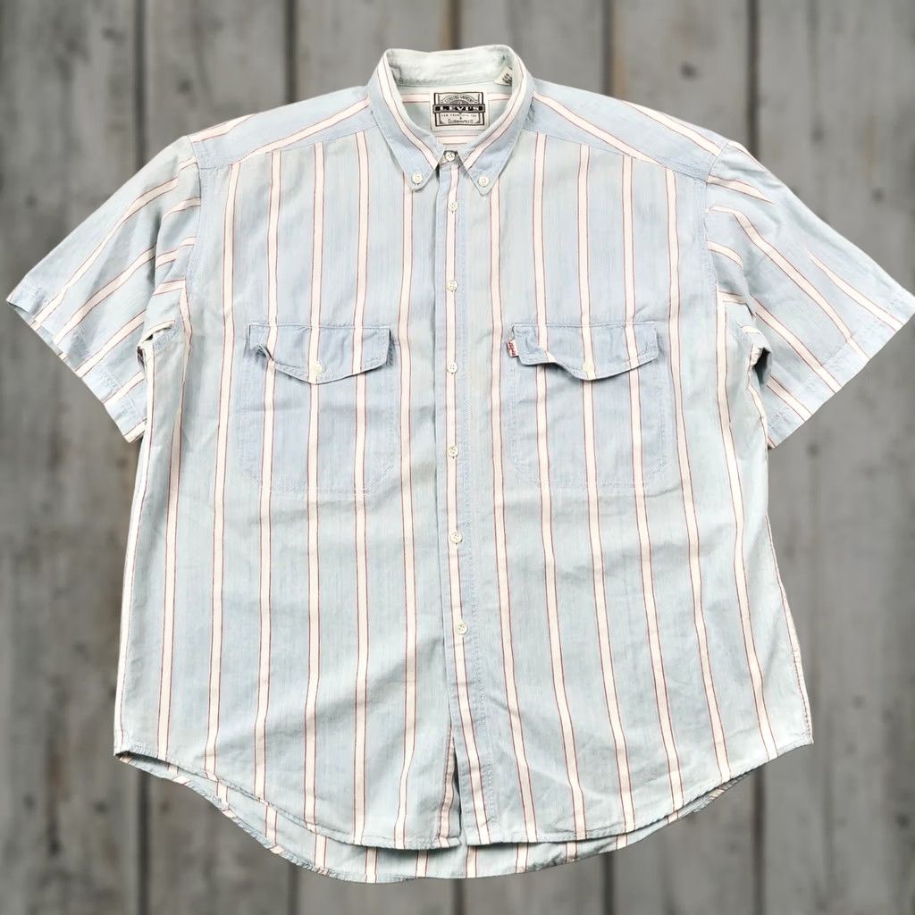 Levi's VINTAGE Levis Mens XL Shirt Button Down Short Sleeve Striped Blue 90s Size US XL / EU 56 / 4 - 1 Thumbnail
