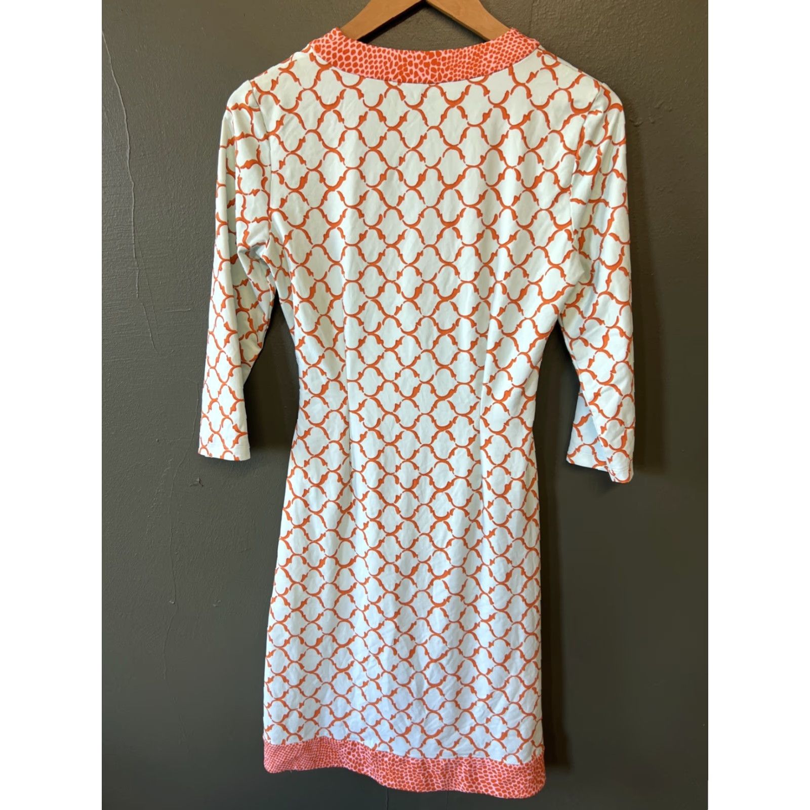 J.McLaughlin J. McLaughlin Dress Womens S Blue Orange Catalina Knit Geometric 3/4 Sleeve V-Neck Midi Stretch Pullover Vintage: No Size S / US 4 / IT 40 - 3 Thumbnail