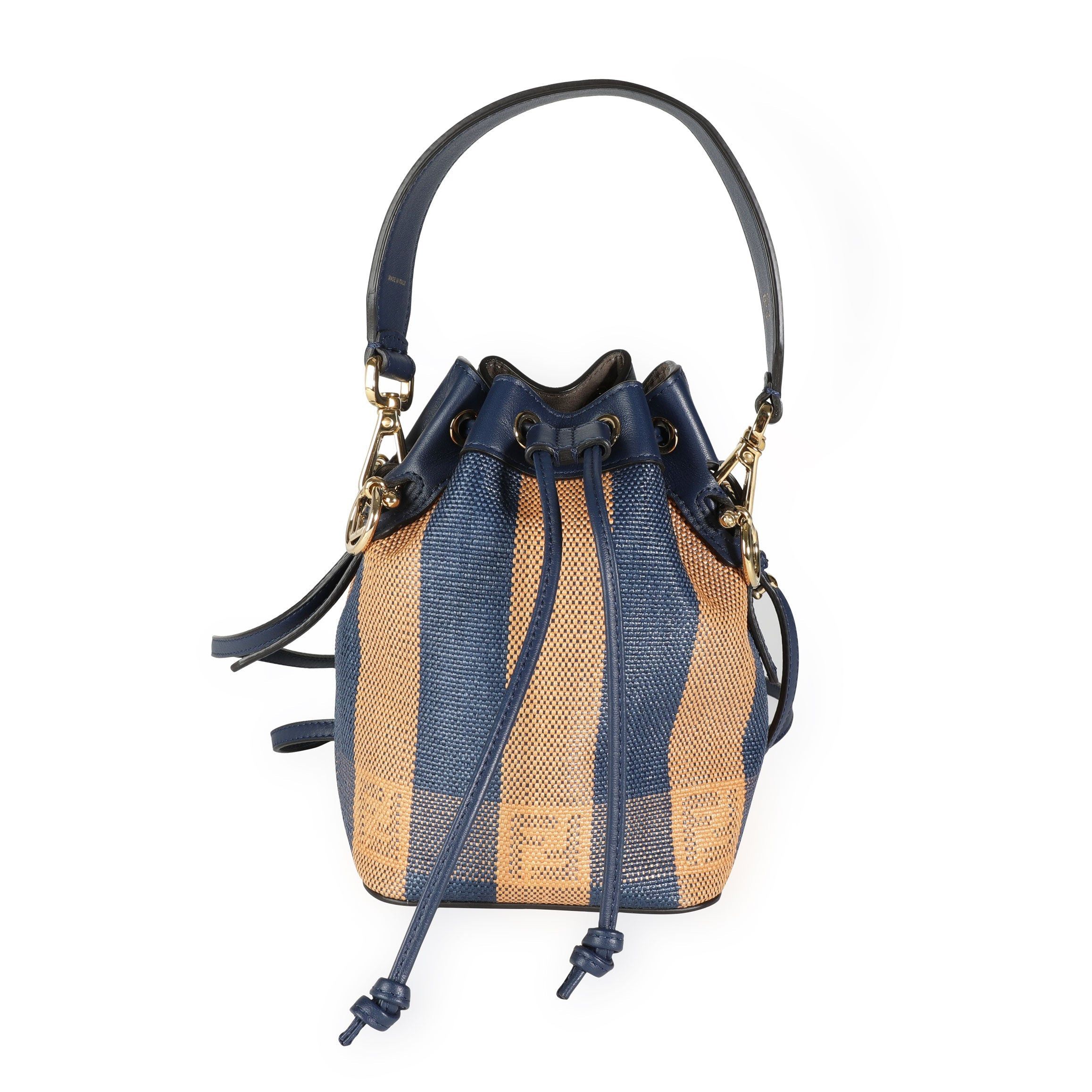 image of Fendi Blue & Orange Raffia Mini Mon Trésor Bucket Bag in Black, Women's