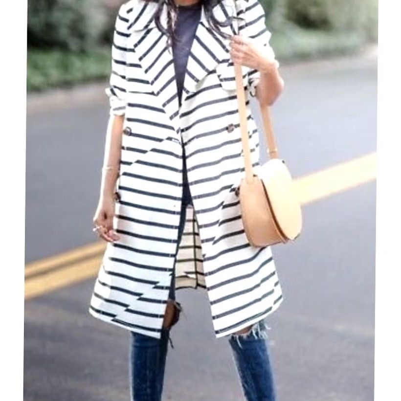 Madewell Madewell Trench Coat Jacket Striped Belted Women’s XS Black & Ivory Multicolor Pattern Long Sleeve Button Size XS / US 0-2 / IT 36-38 - 5 Thumbnail
