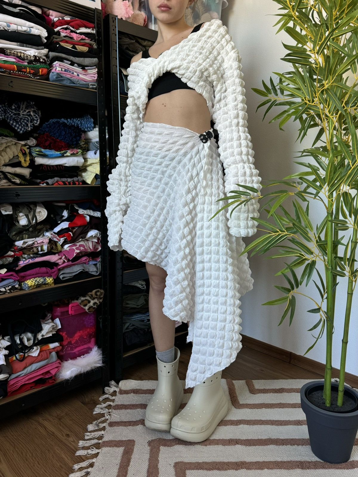 Vintage SHIBORI DOUBLET STYLE TOP LONG SLEEVE + SKIRT BEACH SET SUIT Size L / US 10 / IT 46 - 2 Thumbnail