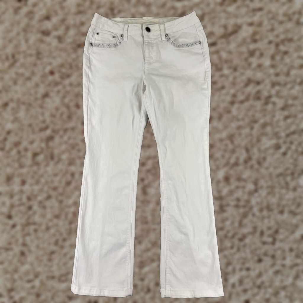Denime Project Indigo Jeans Womens 10 White Denim Bootcut 27x27 Slim Embroidered Pockets Distressed 5-Pocket Style Regular Size 32" / US 10 / IT 46 - 1 Thumbnail