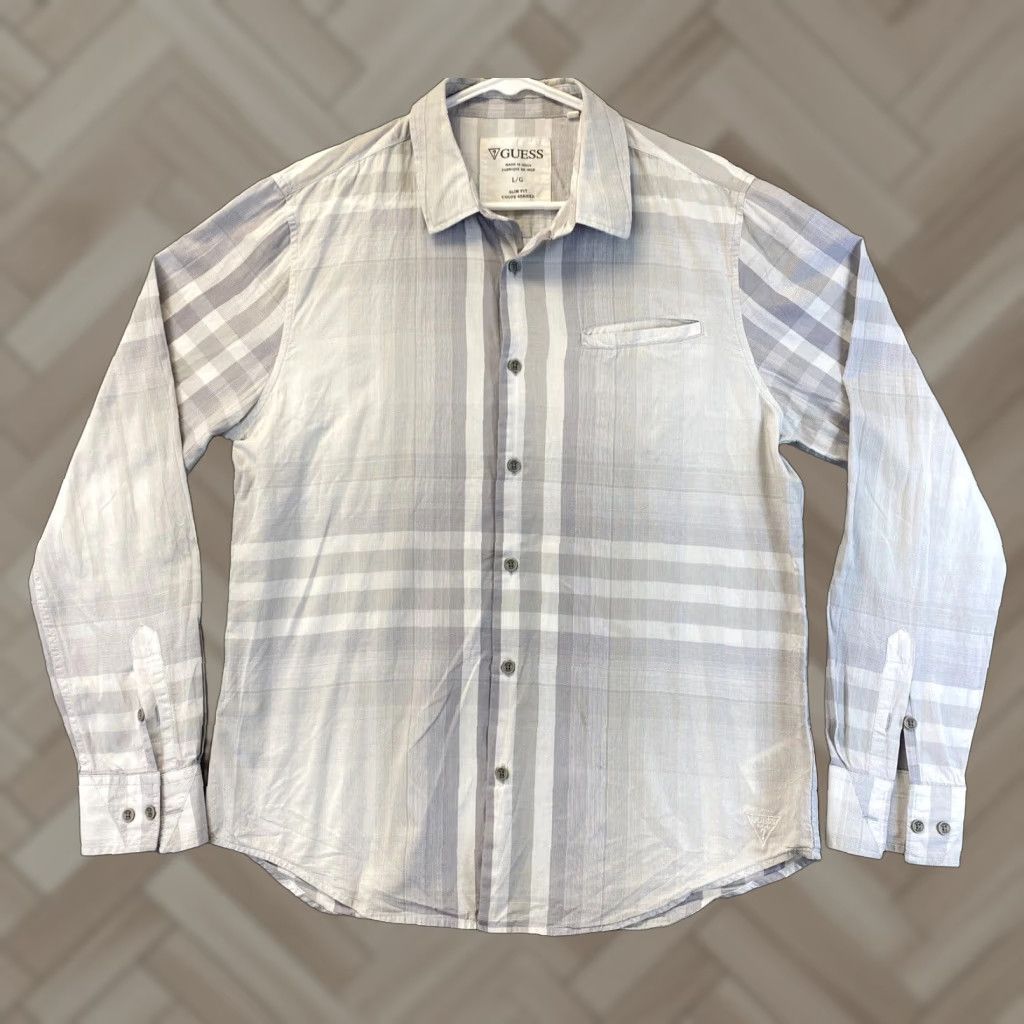Guess Guess Men's Long Sleeve Dress Shirt L Gray Cotton Check Western 100% Cotton Button-Up Size 42R - 1 Thumbnail