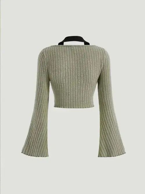 Japanese Brand Women Contrast Collar Bell Sleeve Crop Tee Halter Size ONE SIZE - 3 Thumbnail