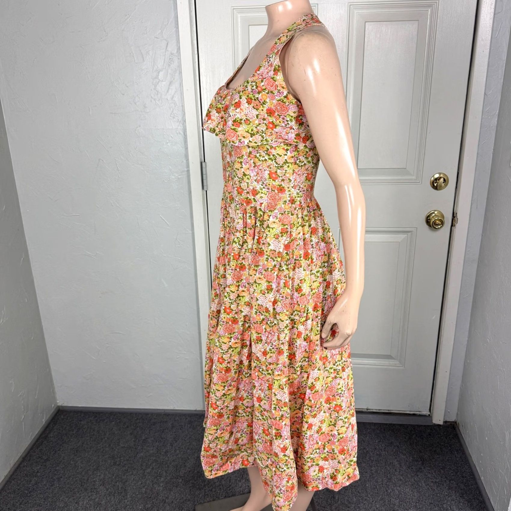 Vintage VINTAGE Dress Floral Cotton Ruffle Cottage Open Pockets Knit 50s 60s Shirt Dress XS Orange Womens Mid-Length Sleeveless Cap? Size XS / US 0-2 / IT 36-38 - 3 Thumbnail
