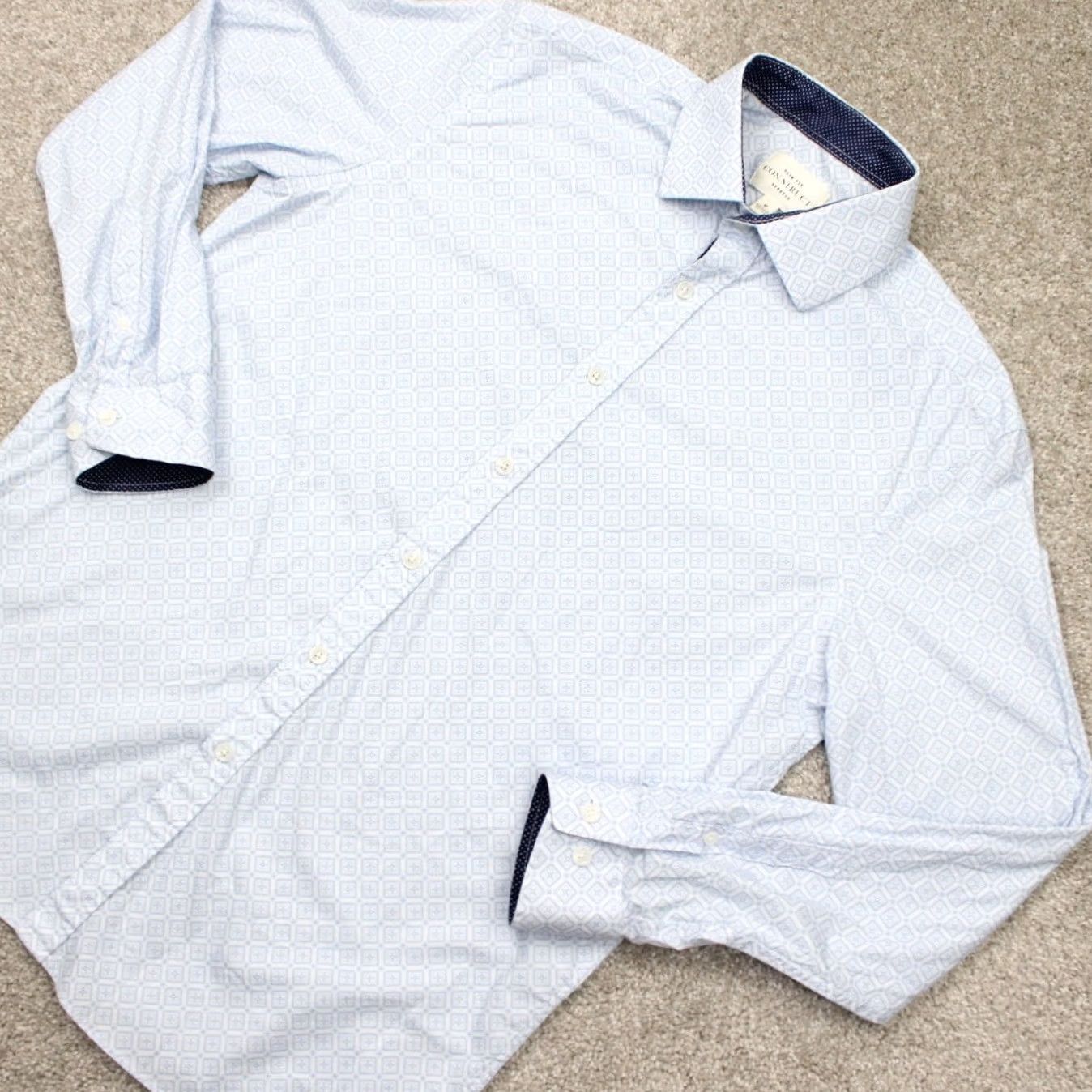 Vintage Construct Blue Slim Fit Dress Shirt Mens 15 1/2 33/34 L/S Non-Iron Quick Dry 97% Cotton 3% Spandex Button Collar Barrel Cuff Geometric Pattern Size US L / EU 52-54 / 3 - 4 Thumbnail