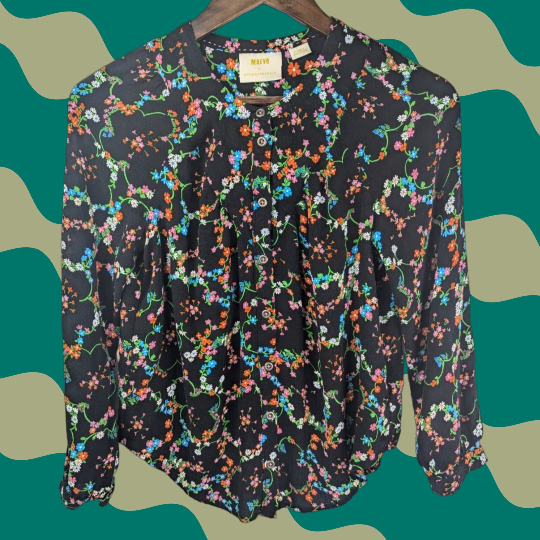Anthropologie Maeve by Anthropologie Women's Avignon Button Down Black Floral Blouse XS Regular Crew Neck Button Long Sleeve Lightweight Summer Size XS / US 0-2 / IT 36-38 - 1 Thumbnail