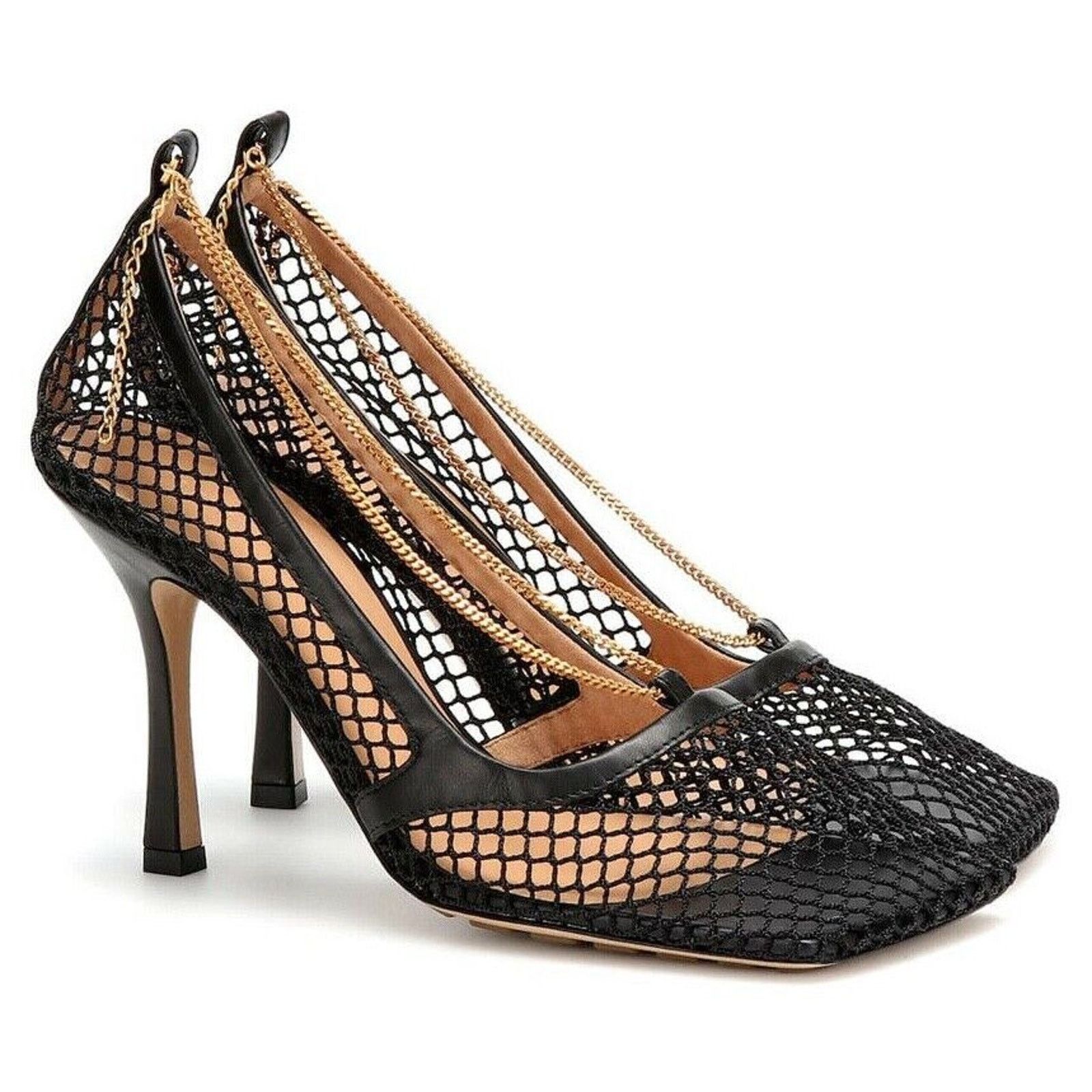 Bottega Veneta Net Mesh Leather Square Toe Gold Chain Sandal Heel Pump 41 Size US 11 / IT 41 - 1 Thumbnail