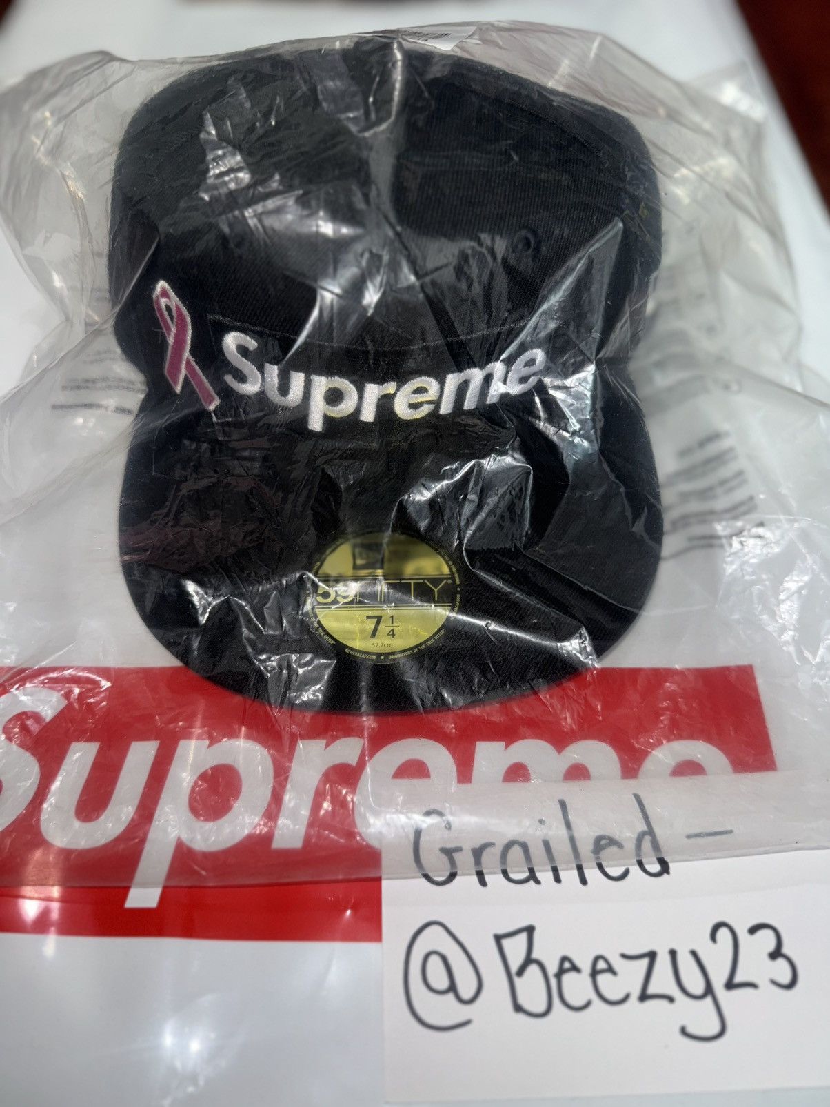 【7 1/2】Breast Cancer Awareness Box Logo 7 1/2 Supreme Breast Cancer Awareness Box Logo Hat Navy Blue