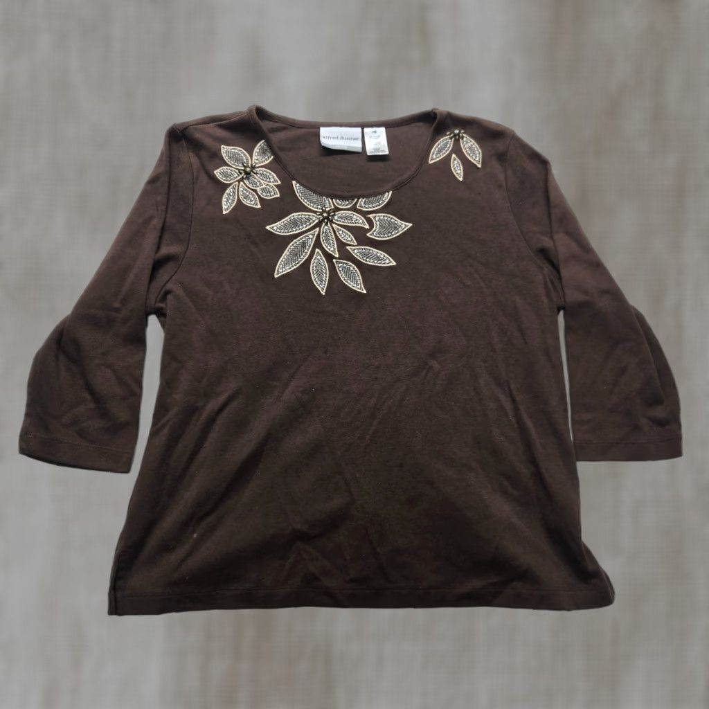 Vintage Alfred Dunner Women's Pullover 3/4 Sleeve Floral Knit Shirt Petite Medium Brown Casual Size M / US 6-8 / IT 42-44 - 1 Thumbnail