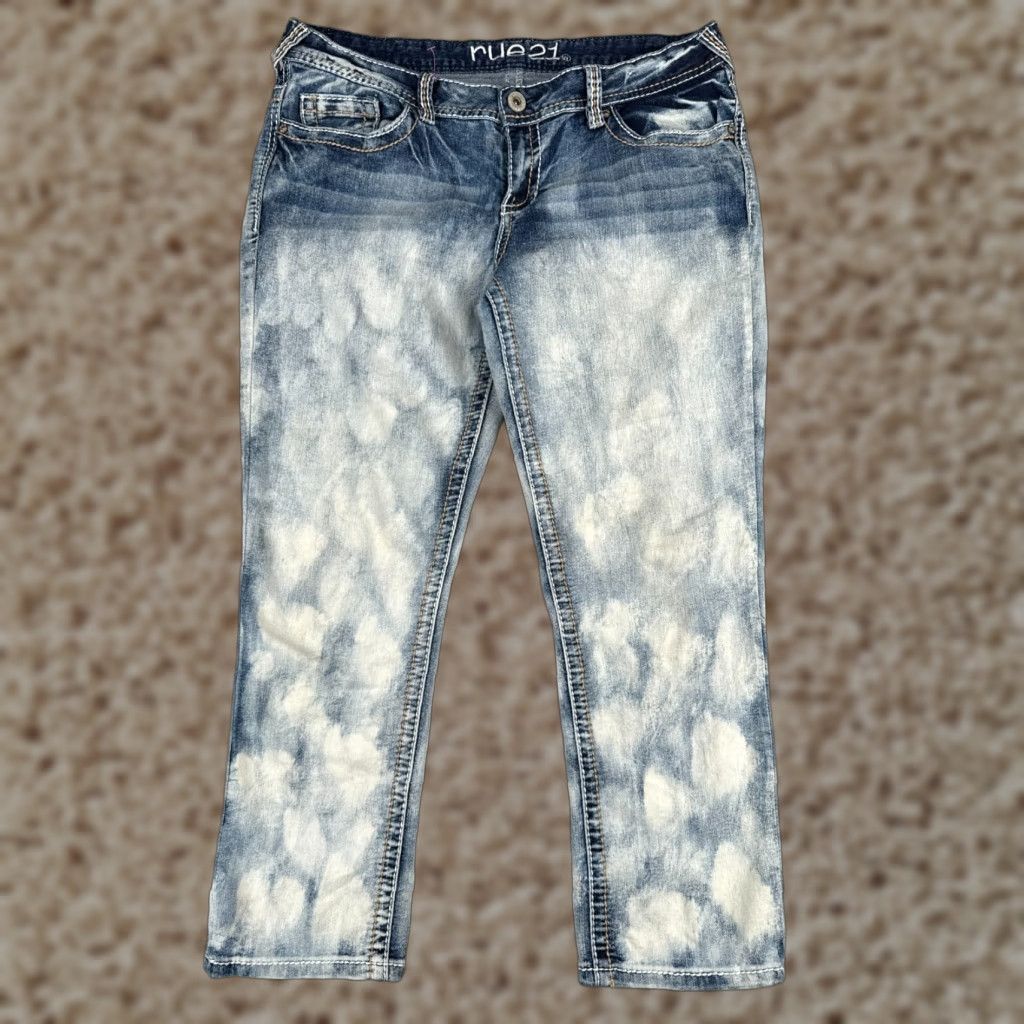 Rue21 Jeans Juniors 11 Mid Blue Denim Crop Bootcut 32x24 Embroidered Rhinestone Women's Jeans 5-Pocket Cotton Blend Denim Vintage No