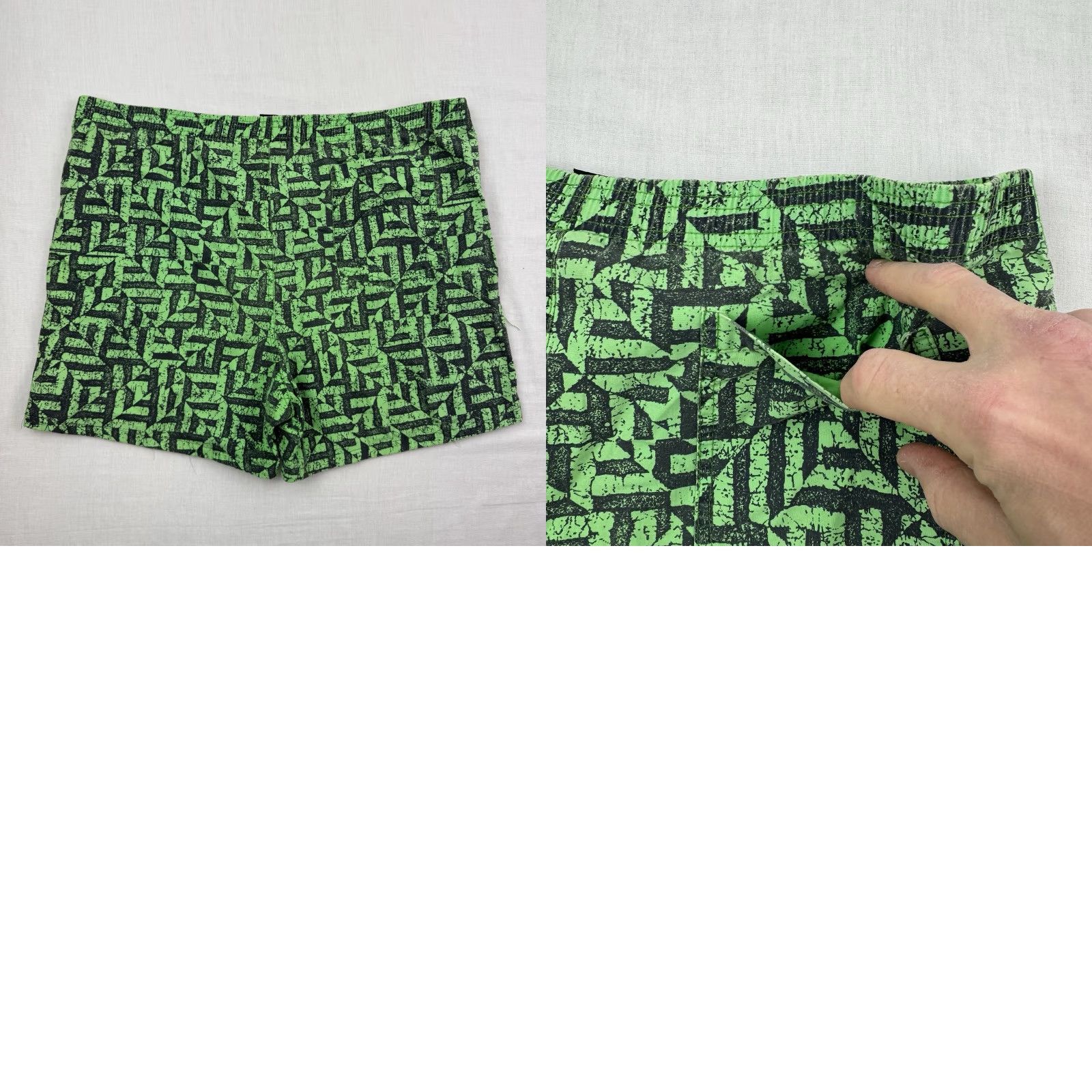 Vintage VINTAGE Morey Boogie Shorts Men Adult Medium Surfing Beach Hipster 1980s Green Geometric Pockets 34 Inseam 4 in USA Size US 31 - 9 Thumbnail