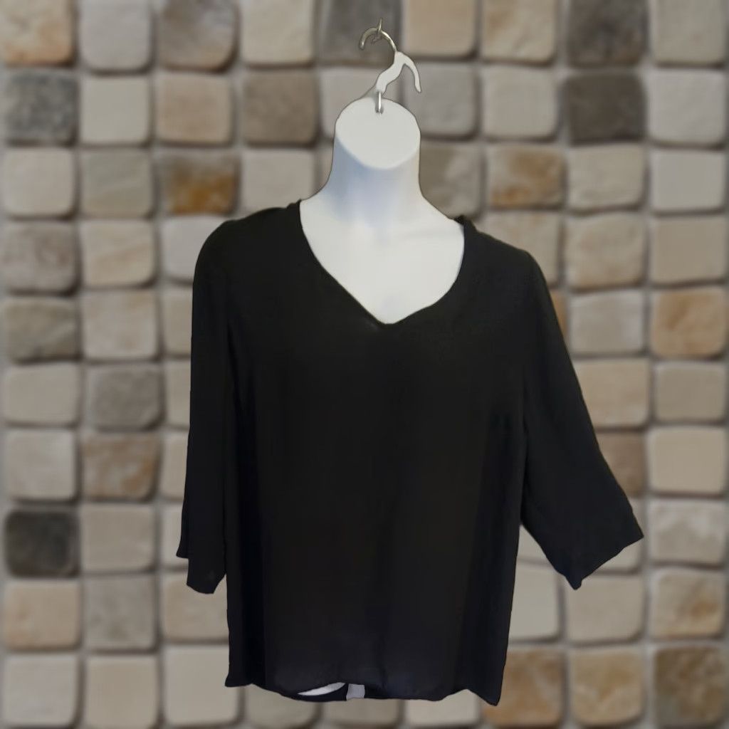 Vintage Pure Energy Black Tunic Blouse 1X V-Neck 3/4 Sleeve Sheer Back Split Casual Womens Plus Size Size XL / US 12-14 / IT 48-50 - 1 Thumbnail