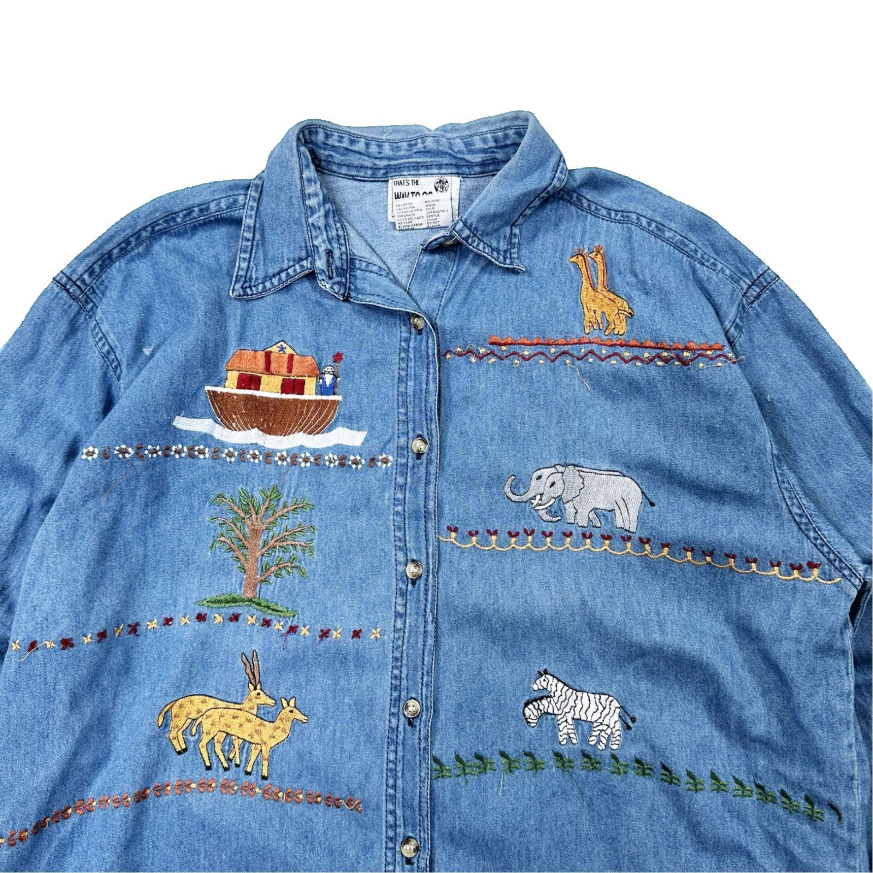 Vintage Vintage 90s Embroidered Noah's Ark Denim Button Up Shirt Size US L / EU 52-54 / 3 - 2 Thumbnail