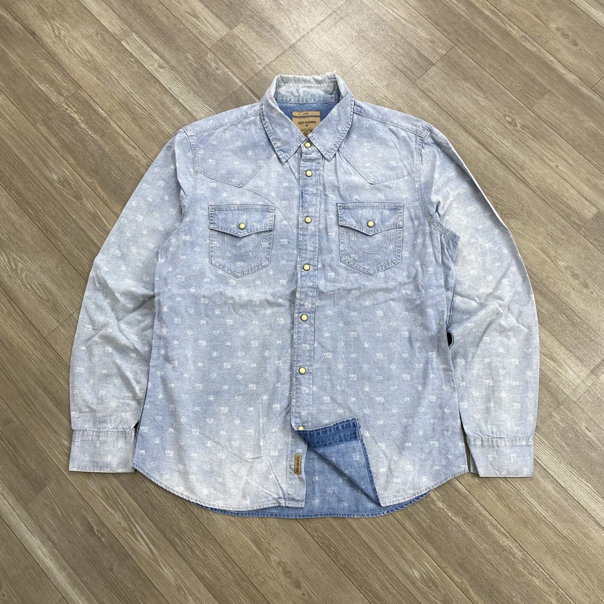 Japanese Brand Vintage True Religion Monogram Print Logo Faded Denim Shirt Size US M / EU 48-50 / 2 - 1 Thumbnail