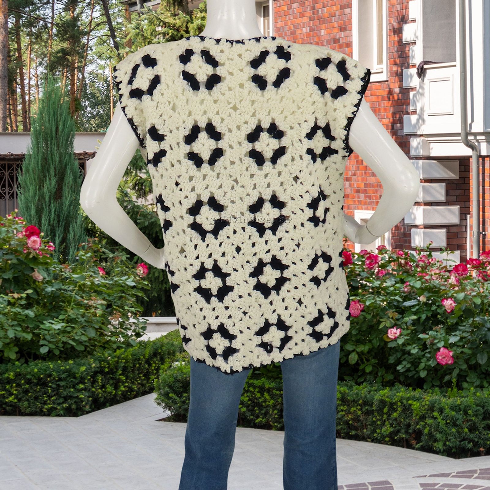 Other Vintage Boho Crochet Knit Granny Sweater Vest Blue White L Size L / US 10 / IT 46 - 3 Thumbnail