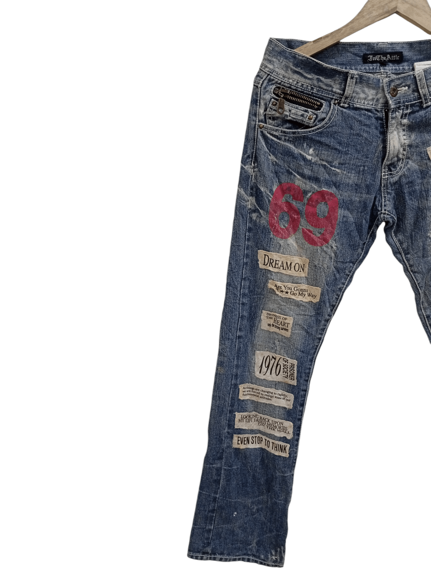 In The Attic × Vintage 🔥🔥In The Attic Patchwork Poem Statement Distressed Jeans Size US 31 - 2 Thumbnail