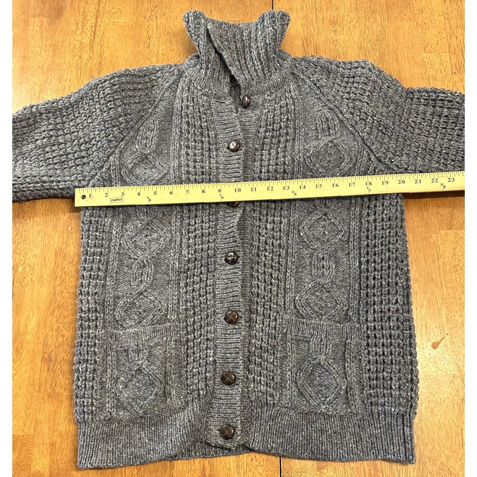 VINTAGE Cornel Cardigan Sweater Women L Wool Blue Chunky-Knit Fisherman Looked In Donegal - 45?