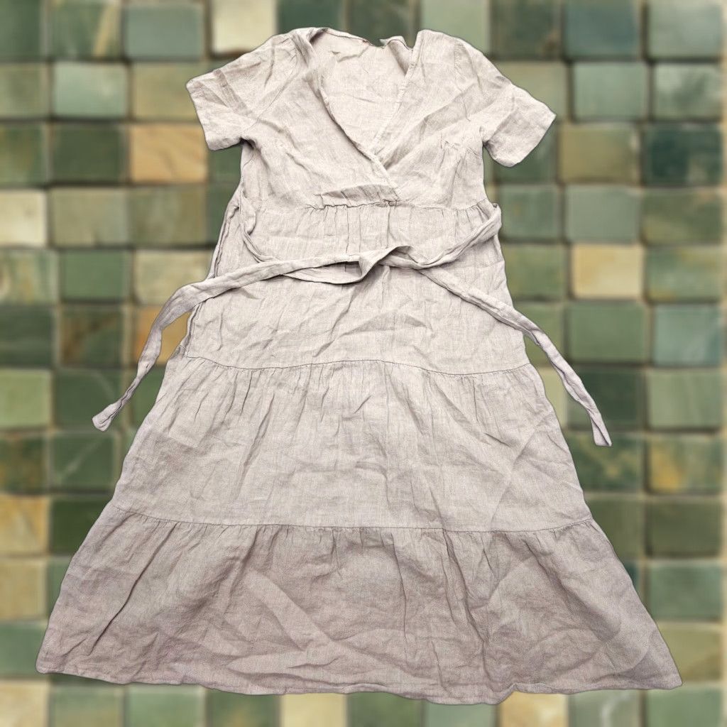 VINTAGE Via Toscana Linen Dress Women S/O Long Belt Beige A-Line Casual  Summer Italy