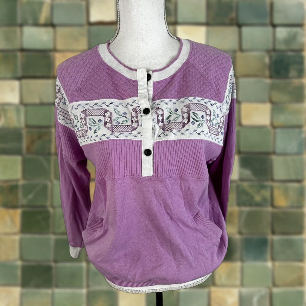 Vintage VINTAGE 90s Floral Raglan Sweatshirt Women’s M Shirt Womens 1980s 1987 Logo Graphic Print Cat Retro Art 80s 90s Size M / US 6-8 / IT 42-44 - 1 Thumbnail