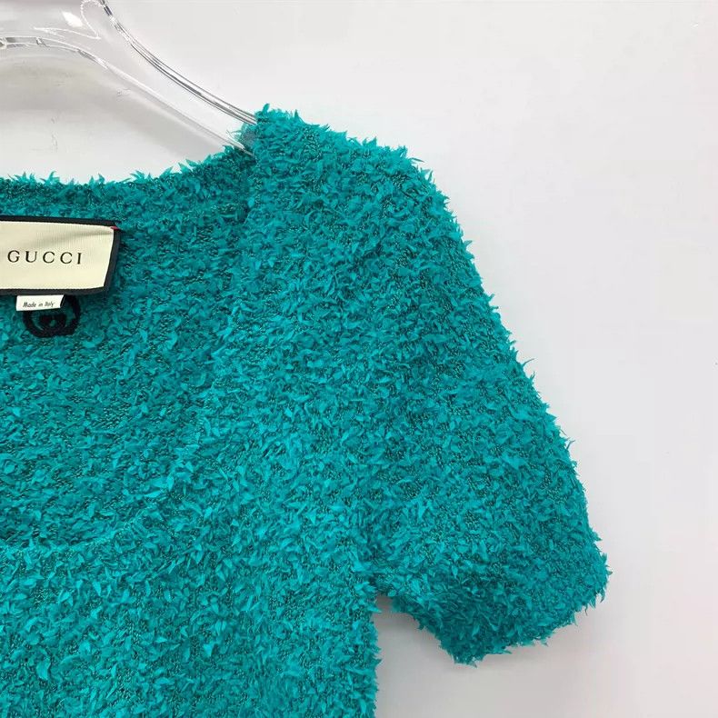 Gucci Gucci Blue cotton round-neck short-sleeved tweed knitted sw Size S / US 4 / IT 40 - 3 Thumbnail