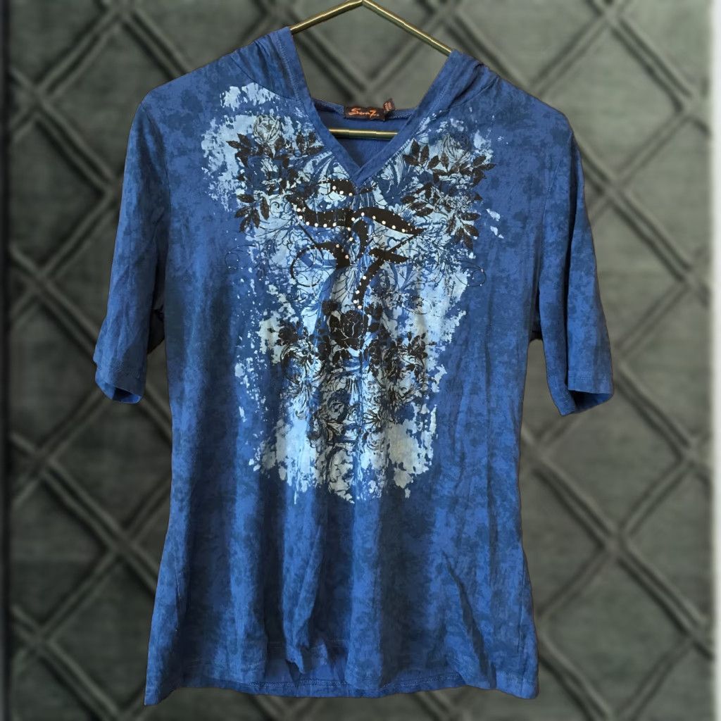 Vintage VINTAGE Seven Woman T Shirt Hooded Short Sleeve L Blue Floral B441 Size L / US 10 / IT 46 - 1 Thumbnail