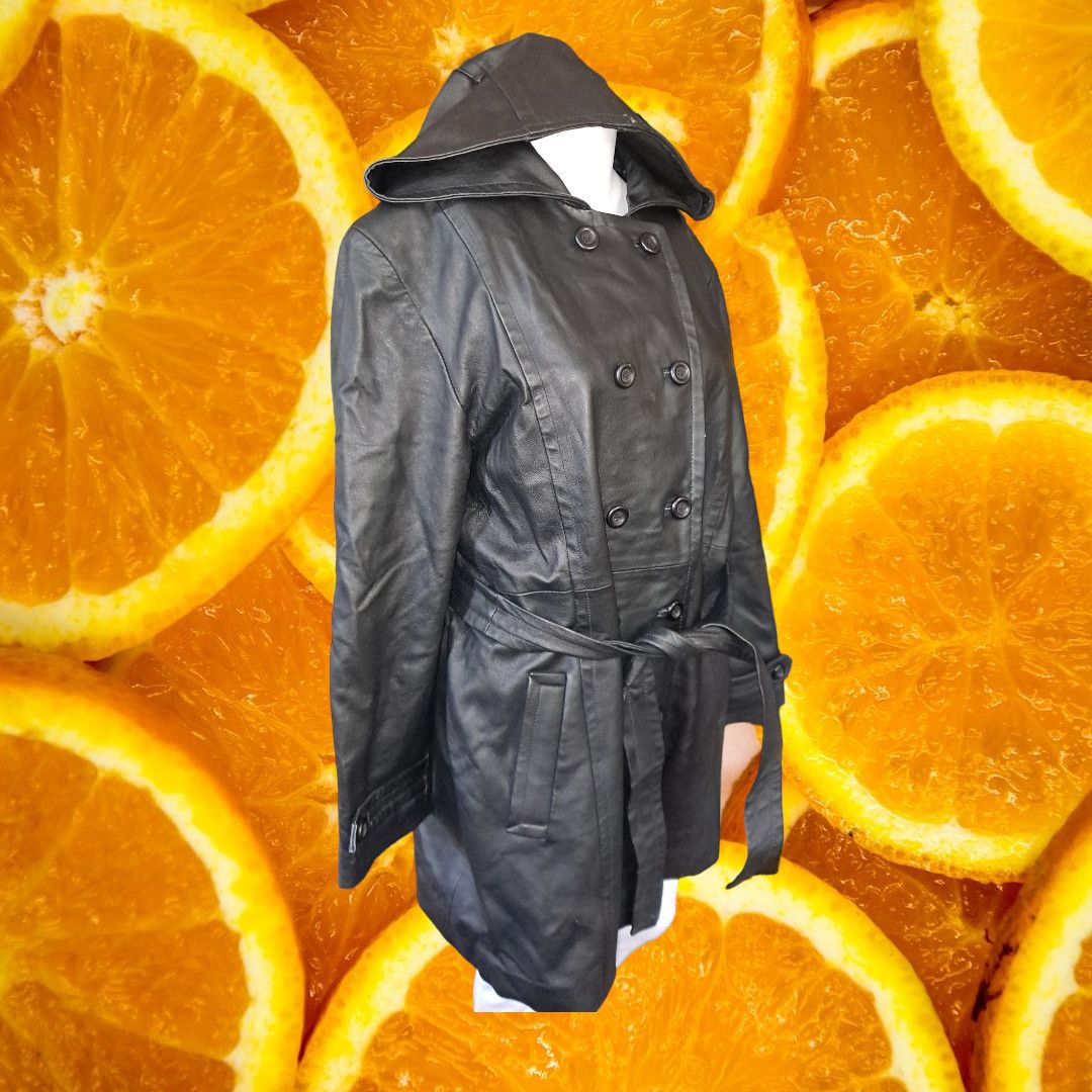 image of Giorgio Sant Angelo Black Leather Hooded Trench With Belt, Women's (Size Large)