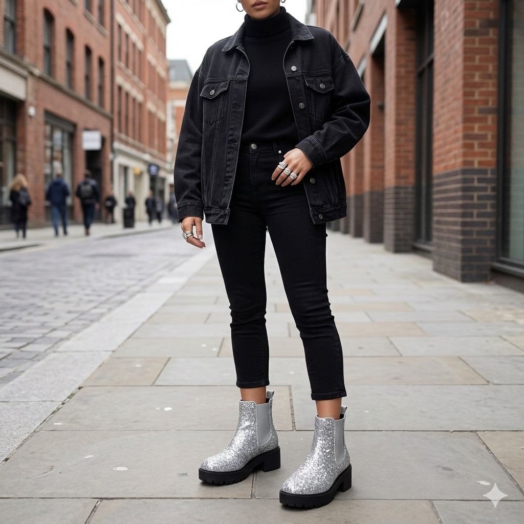 Asos Asos UK 6 (US 8) Chelsea Boots Booties Silver Glitter Chunky Size US 8 / IT 38 - 2 Thumbnail