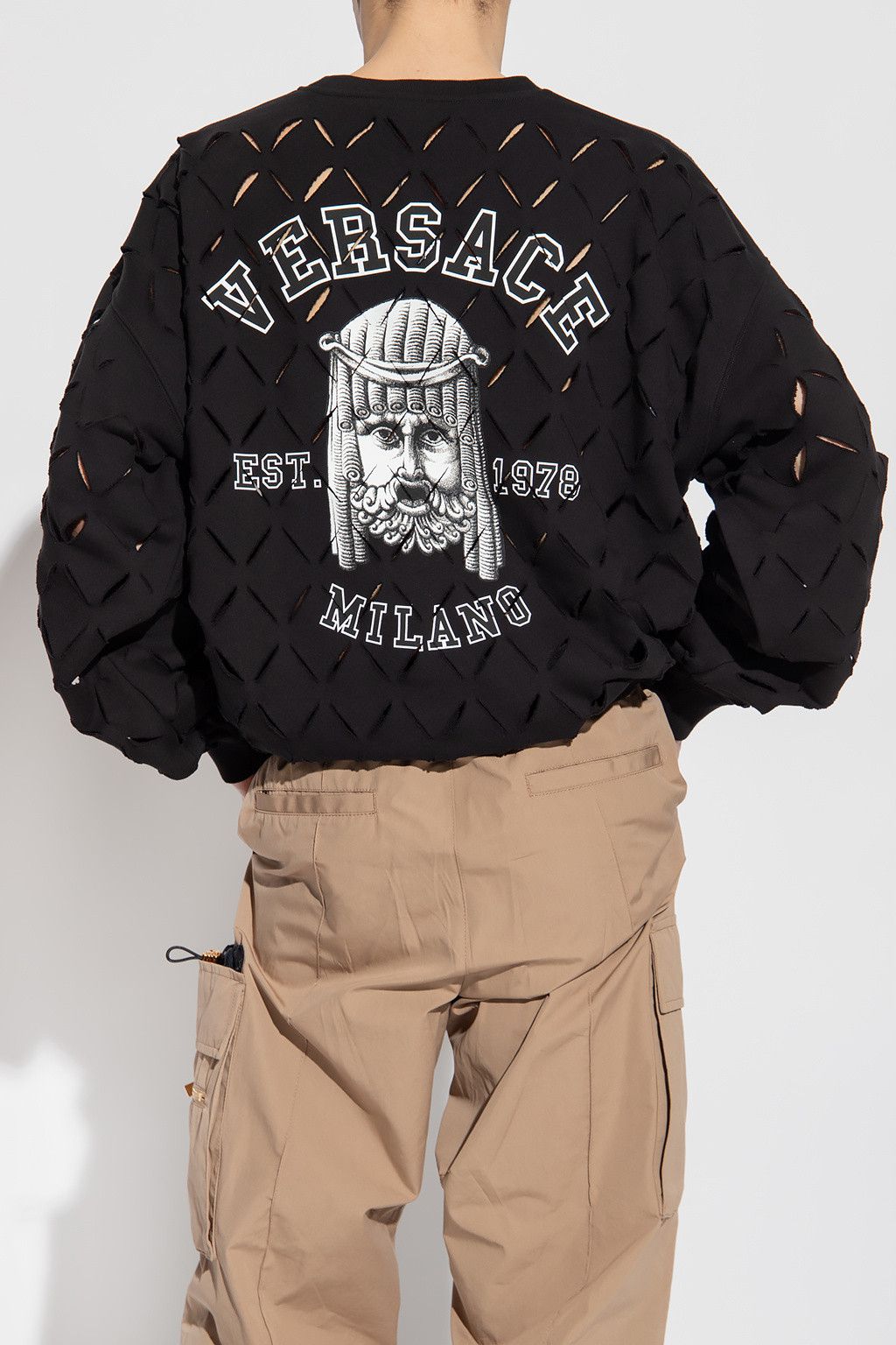 Versace VERSACE Black With White Motif Cut Out Sweater Pullover Size US L / EU 52-54 / 3 - 4 Thumbnail
