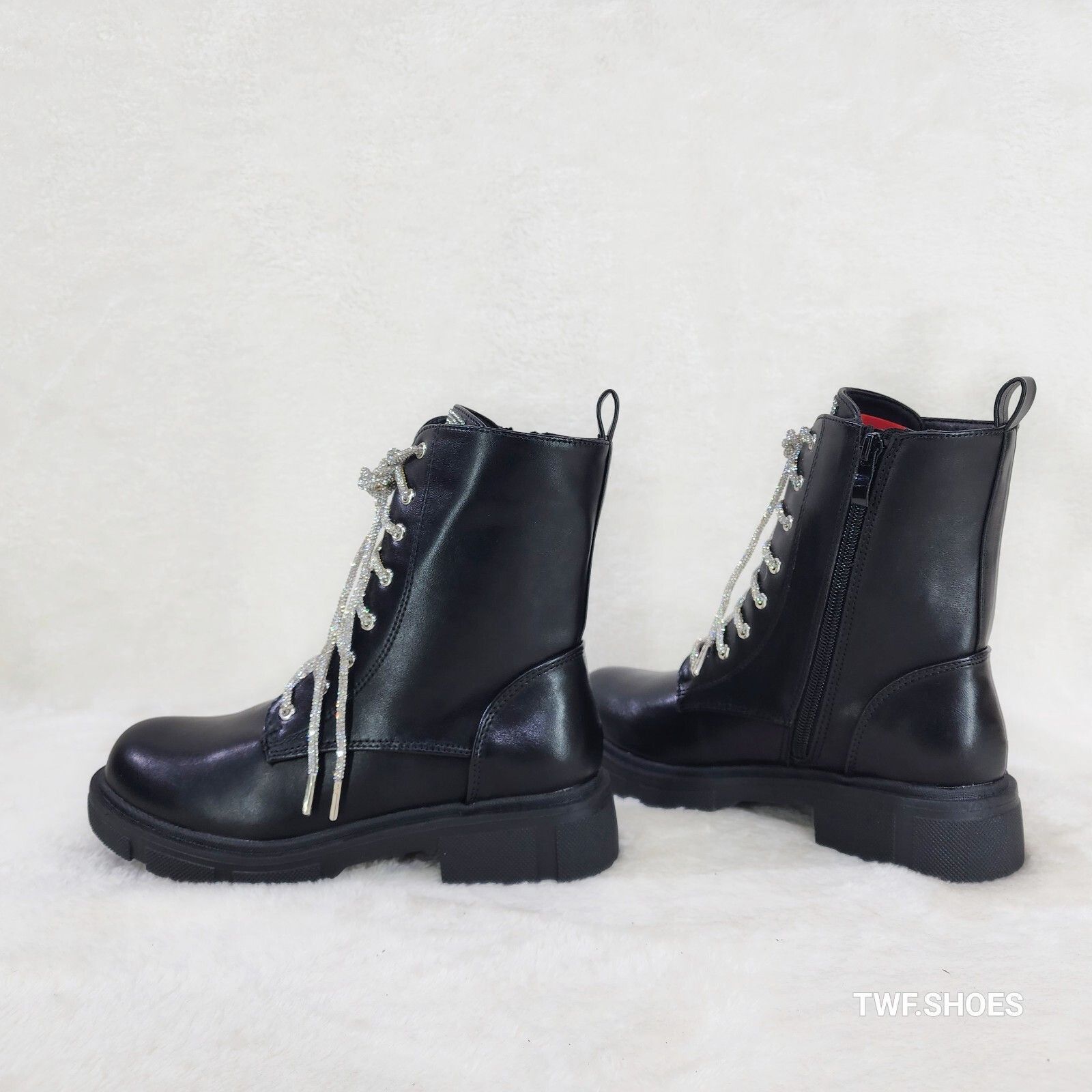 Other Rylee Black Combat Ankle Boots Iridescent Rhinestone Tongue Size US 6.5 / IT 36.5 - 3 Thumbnail