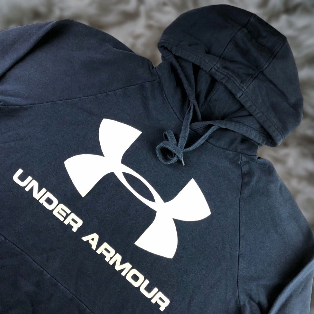 Under Armour Men’s Hoodie Sweatshirt Lined Fleece Logo Navy Blue 2XL Pullover Hooded Sweatshirt Drawstring Regular Fit