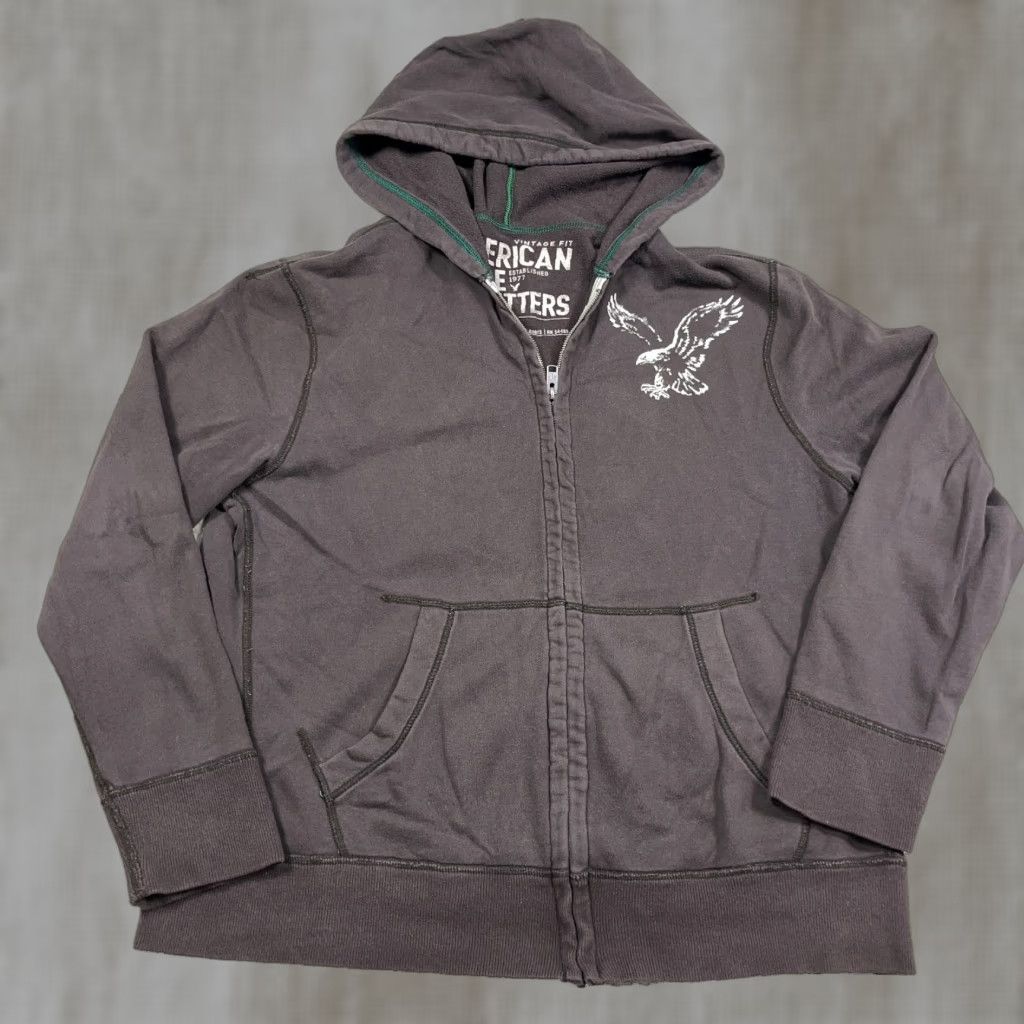 American Eagle Outfitters VINTAGE American Eagle Outfitters Hoodie XL Men Brown Full Zip Jacket 2000s Grunge Fade Logo Graphic Print All Seasons Hooded Casual Sportswear Mens Size US XL / EU 56 / 4 - 1 Thumbnail