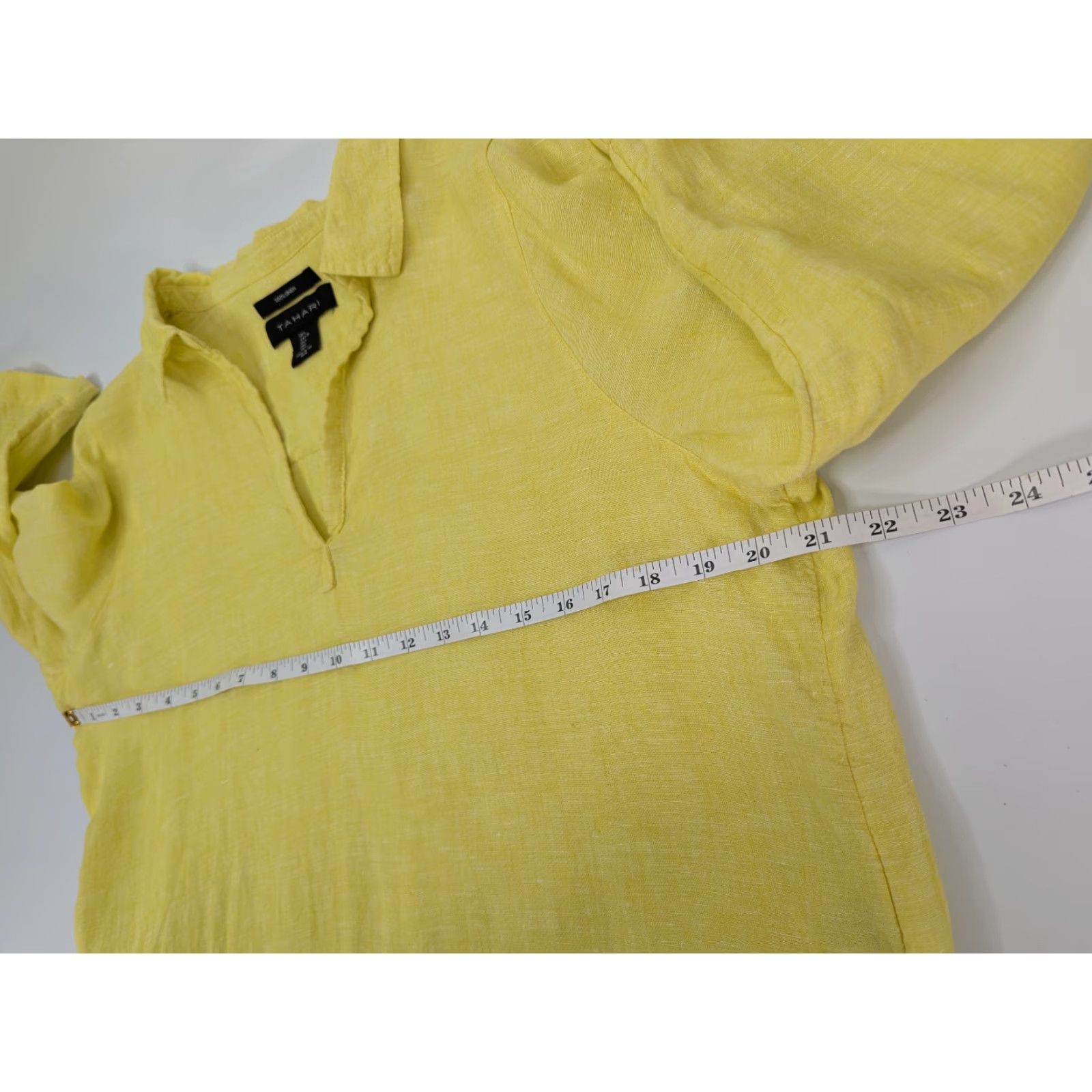 Vintage Tahari Blouse Shirt Womens Large 100% Linen Yellow V-Neck Collared Pullover 3/4 Sleeve Size L / US 10 / IT 46 - 6 Thumbnail