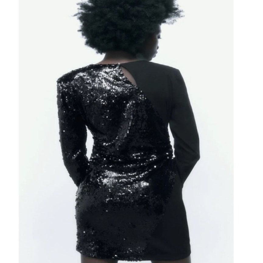 Zara Zara Black Sequin Contrast Mini Dress Long Sleeve Ruched Size XS / US 0-2 / IT 36-38 - 12 Thumbnail