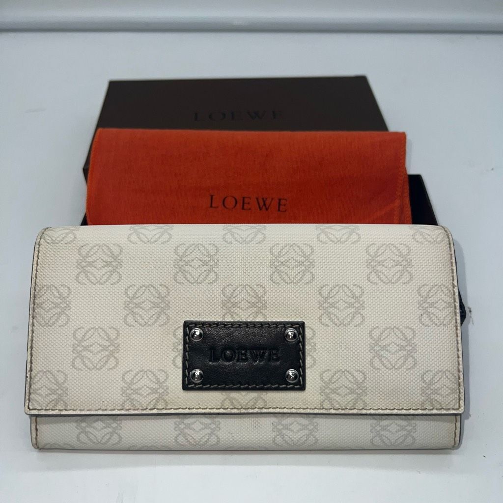 image of Loewe Monogram Long Trifold Wallet With Dust Cloth And Box in Cream, Women's
